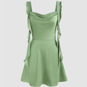 NEVER WORN Cider Satin Ruched Ruffle Hem Women’s M Green Dress